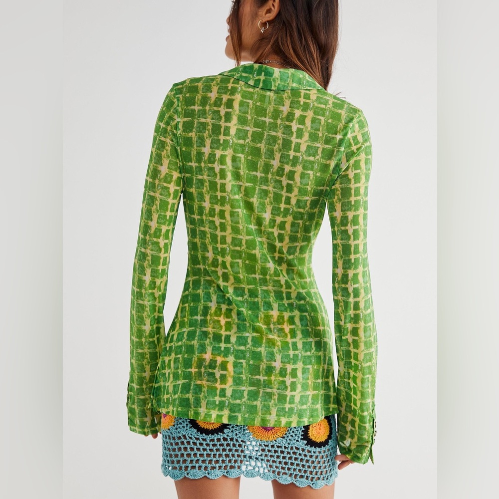 Free People Green Grid Ruched Button-Up Top - Picture 2 of 7